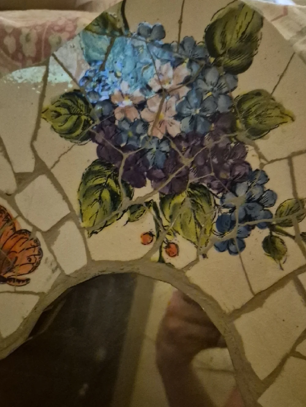 Handmade Mosaic Floral Mirror with Blue Hydrangeas and Butterflies